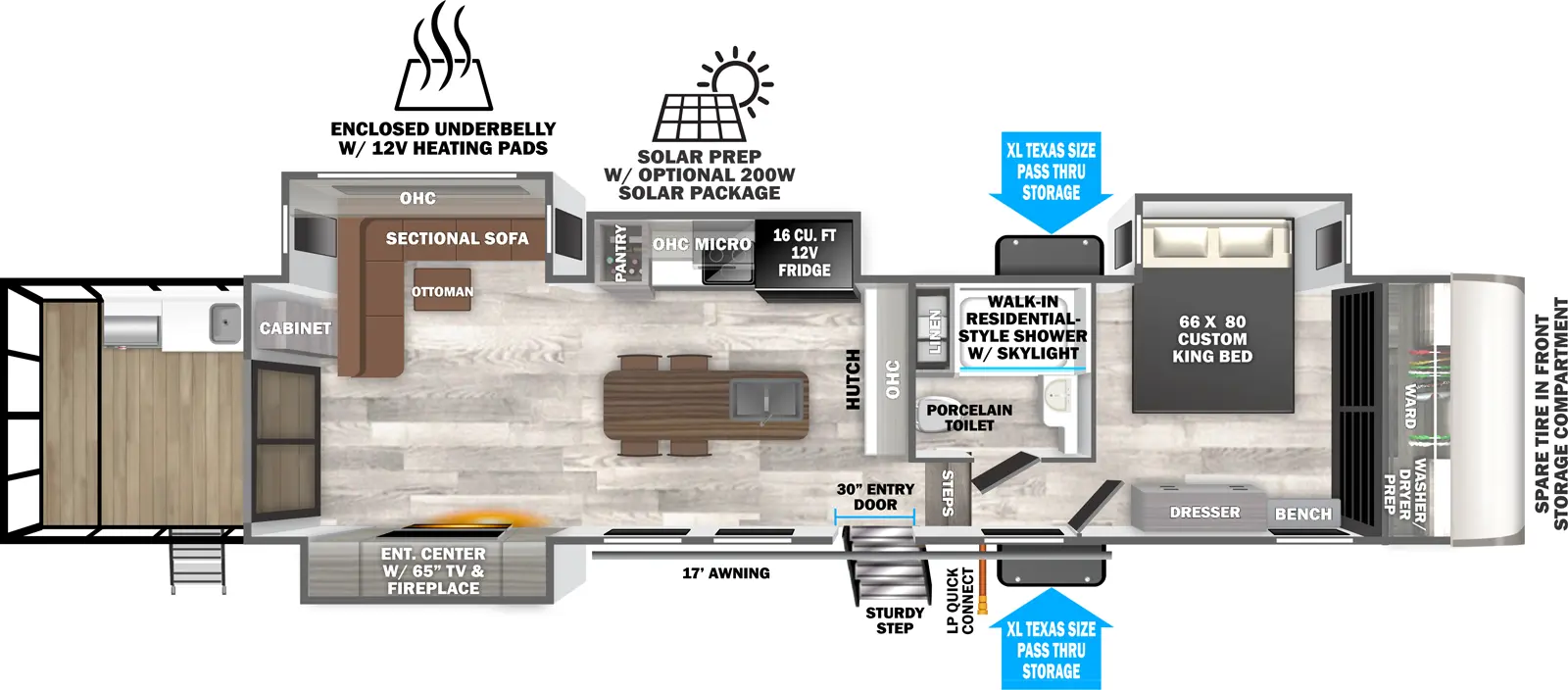 The Hemisphere Fifth Wheels 38VERANDA floorplan has two entries and four slide outs. Exterior features include: fiberglass exterior and 17' awning. Interiors features include: kitchen island and front bedroom.